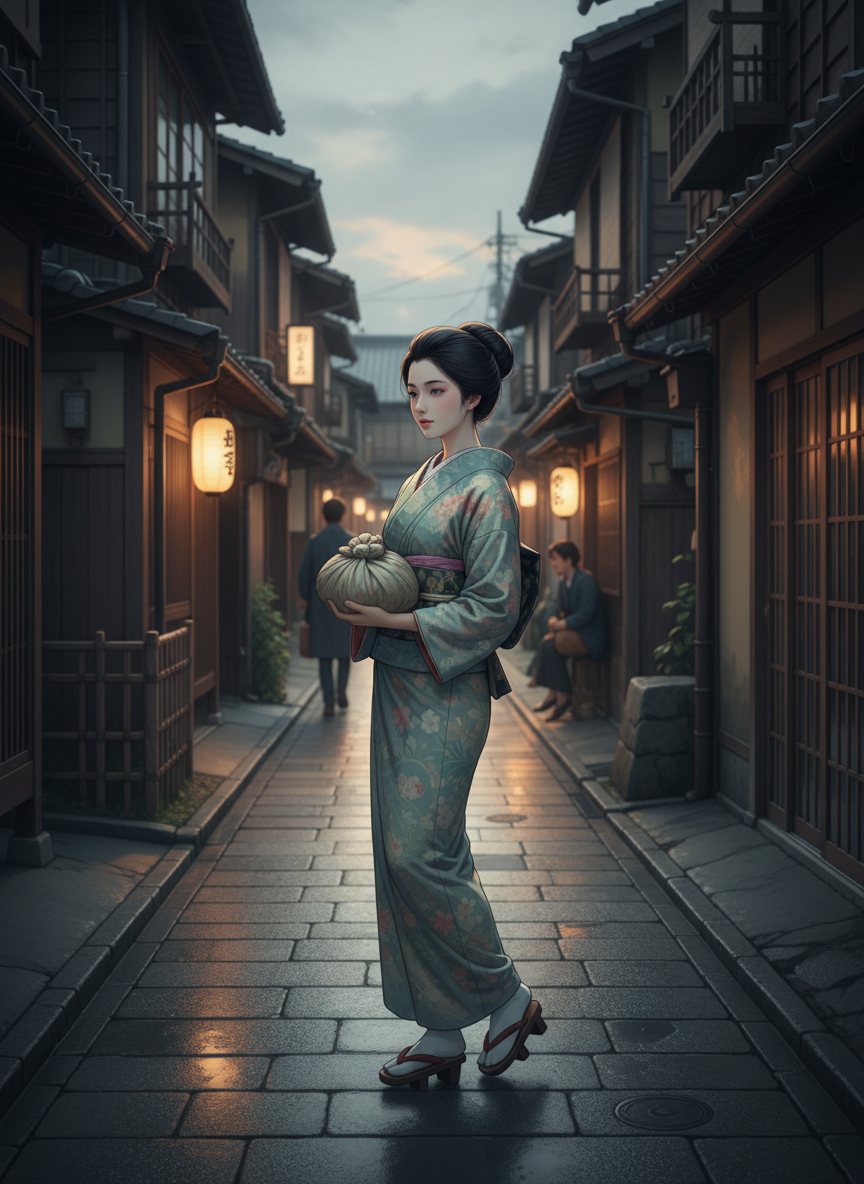 花街、夕暮れの稽古帰り
